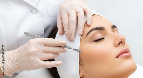 Wallpaper Mural Woman receiving dermaplaning facial treatment with scalpel and white cloth wrap Torontodigital.ca