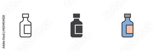 Medicine vial icon set in line, solid and filled outline style