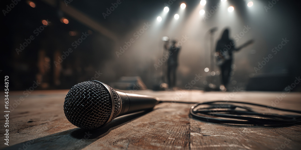 Obraz premium Microphone on stage floor with blurred rock band in background