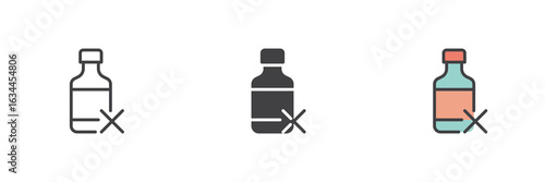 Bottle with cross mark icon set in line, solid and filled outline style