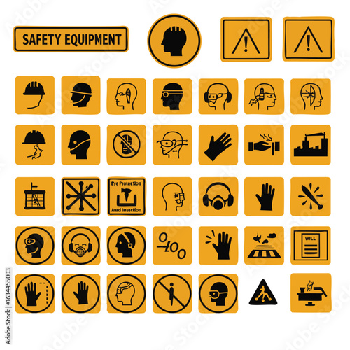 Comprehensive set of industrial safety and personal protective equipment icons. Vector graphics for occupational health and hazard warnings.