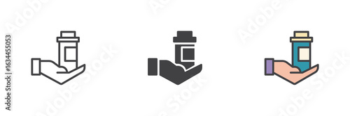 Hand holding bottle icon set in line, solid and filled outline style