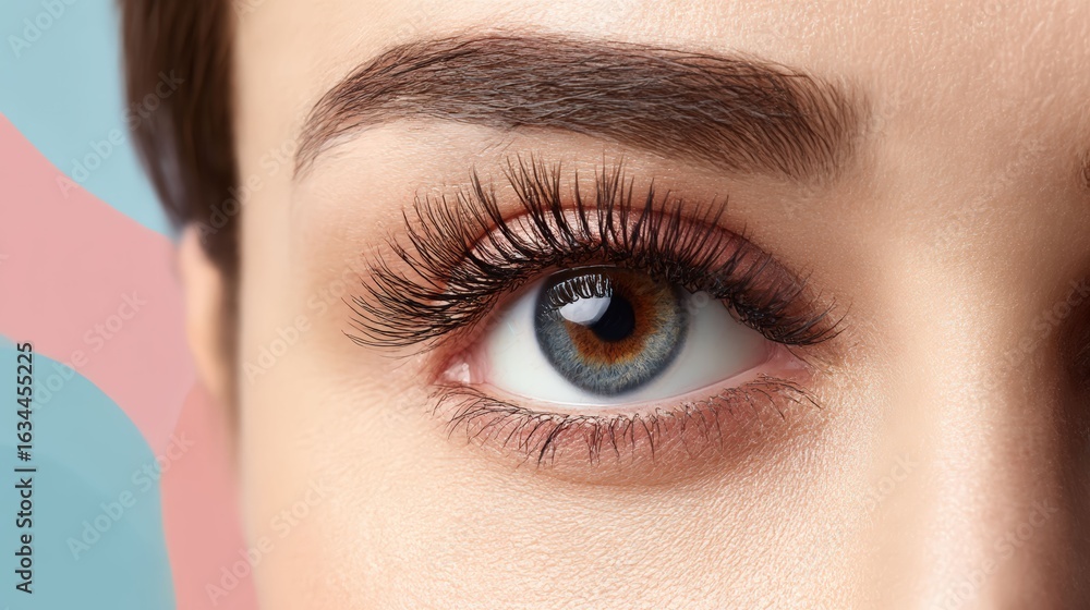 Obraz premium Close-up of an eye with long eyelashes and perfect eyebrows. The eye is captivating with its striking color
