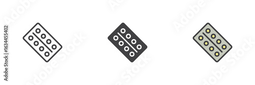 Tablet blister pack icon set in line, solid and filled outline style