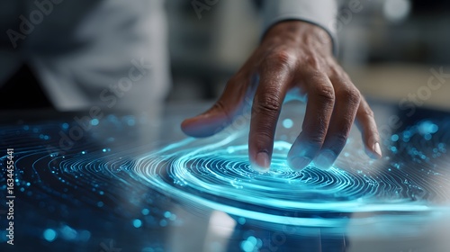 Businessman using gesture-driven controls like pinch and swipe to manipulate floating holograms over an intelligent smart foam surface 