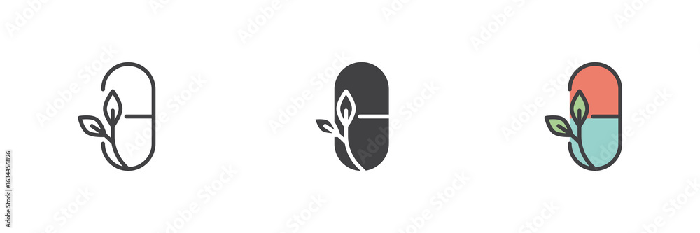Obraz premium Capsule with leaf icon set in line, solid and filled outline style