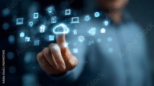 Volumetric holographic UI displaying floating 3D icons like AI cloud smart home and automation around a businessman in sleek tech environment