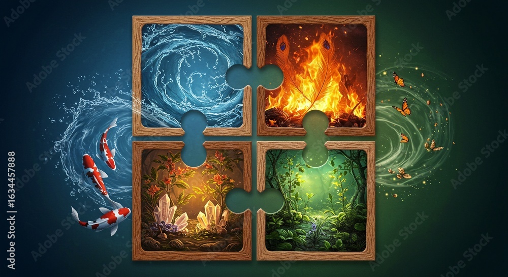 Fototapeta premium A puzzle composed of four elemental scenes: water, fire, earth, and air, each with unique details and vibrant colors.