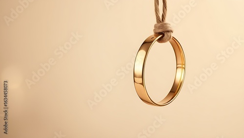 Golden wedding rings suspended on jute rope, elegant close-up with soft lighting enhancing their shine.