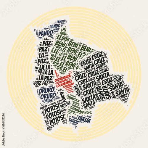 Bolivia Round Poster. Typography style image of Country. Regions word clouds of Bolivia. Vintage image design with scratch texture.