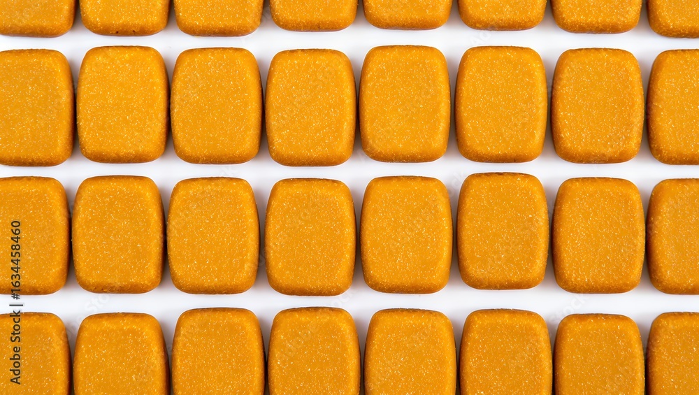 Fototapeta premium Rows of bright orange oval shaped candies or pills arranged neatly on a white background