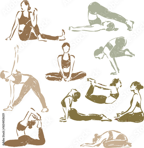 Minimal yoga pose set in hand-drawn ink style, featuring women in classic asanas like twist, child’s pose, boat, cobra, crow, triangle. Earth tone sketch art ideal for wellness, print, decor