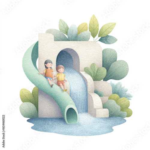 Playful Children Enjoying a Water Slide Adventure in a Whimsical Park Setting