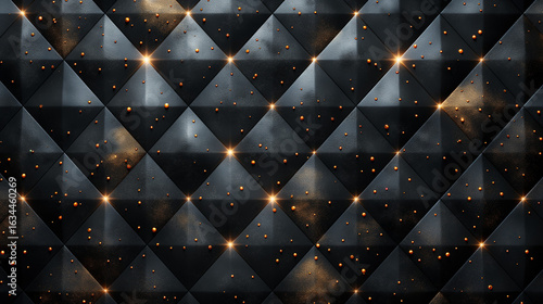 Abstract Quilted Black Leather, Sparkling Accents and Elegant Geometric Pattern.