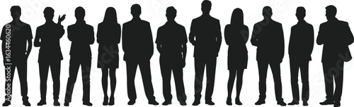 Silhouettes of professional business people, male and female team, standing group in office attire, leadership, teamwork concept vector