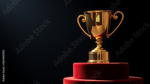 A gleaming gold trophy displayed on a velvet pedestal, capturing achievement and prestige.