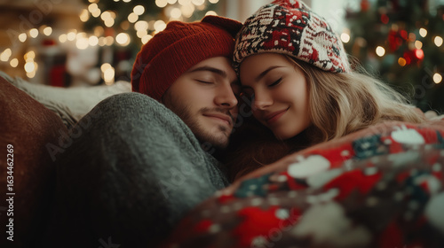 a young couple cuddling under a blanket while watching a Christmas movie, decorated living room