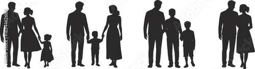 Silhouette of diverse family groups with parents and children, happy moments, bonding, parenting concept, isolated on white background