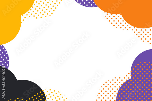 Colorful Halloween-themed frame background with orange, purple, and black dotted circles, modern pop style design with copy space in the center ｜ Halloween, frame, dots, vector