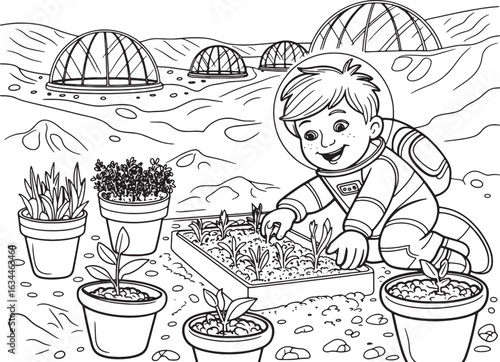 Young child digging in garden with potted plants and domes line art
