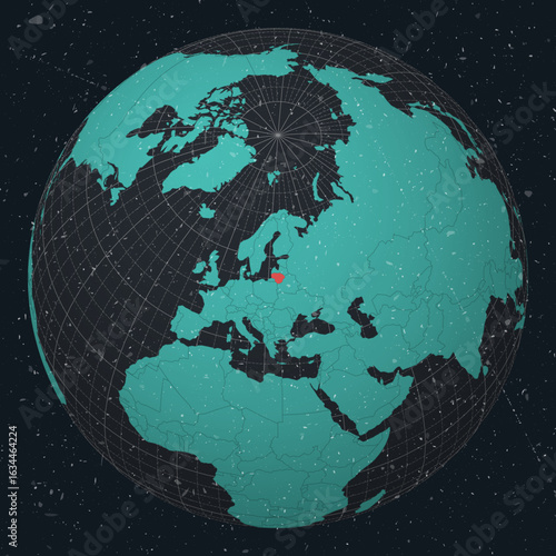 Lithuania on Globe. Vintage look with grunge scratched texture. Country view on world map in Dark Charcoal Turquoise color palette. Lithuania shape on map. Globe with meridians and parallels.