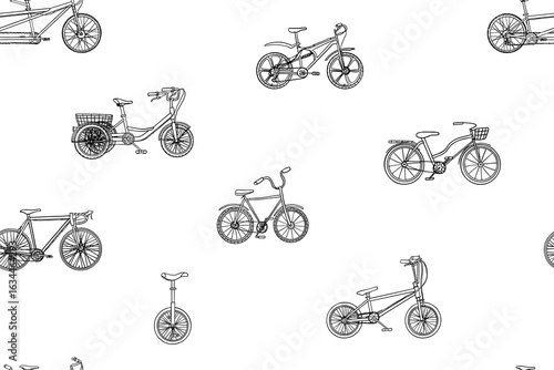 Seamless pattern of bicycle transport icons. Monocycle, tandem bicycle, tricycle. Sport. Cycling. Healthy lifestyle. Active lifestyle. Walking bicycle. Vehicle. Biking. Hand drawn. Doodles