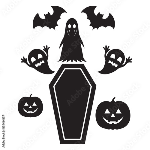 Haunted coffin with ghosts bats pumpkins Halloween scary night horror icon vector illustration silhouette graphic spooky celebration design.