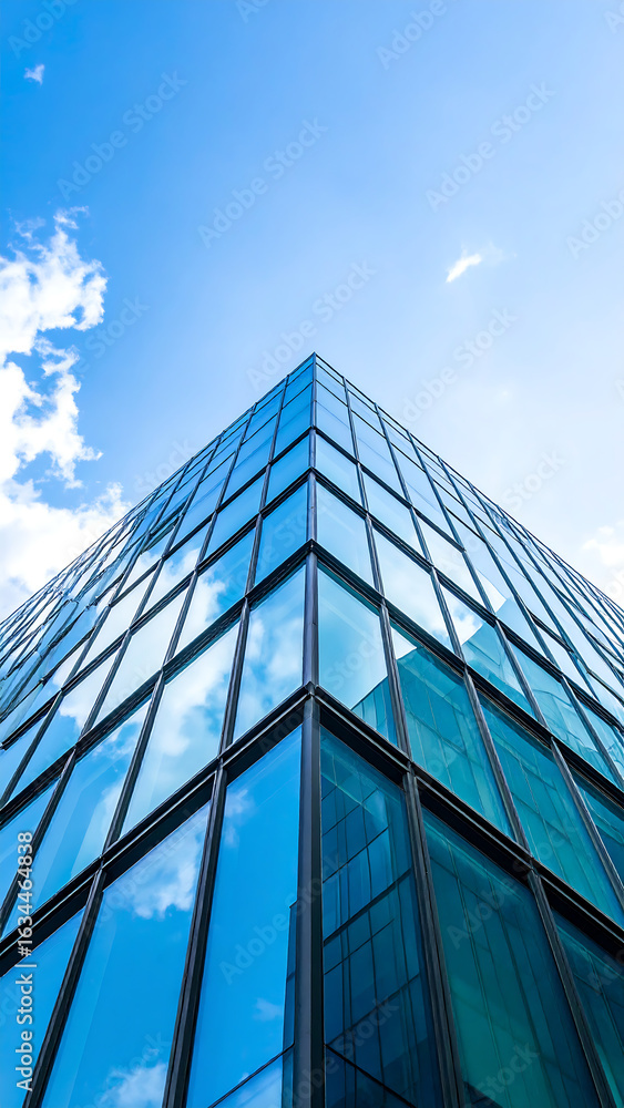 Obraz premium Low angle view of a modern glass building reflecting the blue sky and clouds.