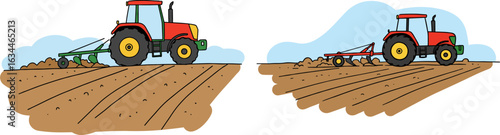 Tractor plowing field in a hand-drawn style landscape  