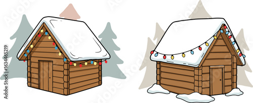 Two hand-drawn style wooden cabins decorated with holiday lights  