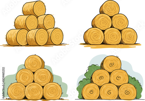 Stacked hay bales in various arrangements and hand-drawn style  