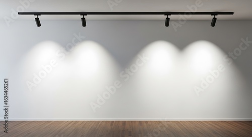 Spotlights illuminate a minimalist room with a wood floor