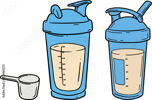 Two blue shaker bottles with protein powder and measuring scoop  