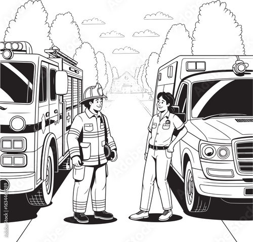 firefighters and paramedics with emergency vehicles stock photos royalty free image premium quality