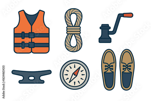 Flat design icons of key boating and sailing equipment including life vest, rope, compass, and boat shoes, ideal for nautical themes.
