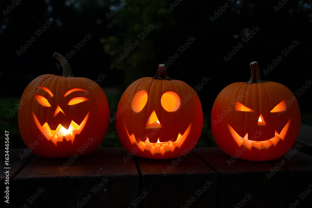 Fototapeta premium Three glowing jack-o'-lanterns with different expressions at night