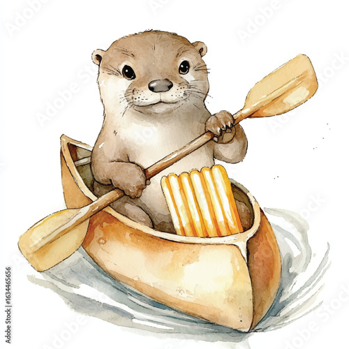 Adorable Watercolor Otter Paddling Canoe with Paddles and a Snack