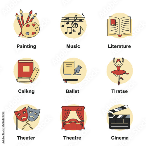 Creative arts and cultural hobbies icon set. Line art symbols for painting, music, literature, theater, and cinema for graphic design.