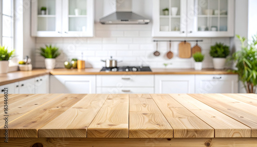 Wooden Table with Modern Kitchen Background.