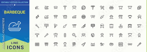 Barbeque line icon set. Minimal linear icons. Includes thin line symbols barbecue, picnic, food, party. Pixel perfect. Vector illustration. Grill And Bbq icon set in linear style.