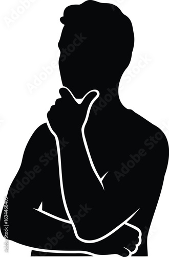 Silhouette of a man in a thoughtful pose with his hand on his chin expressing contemplation and introspection