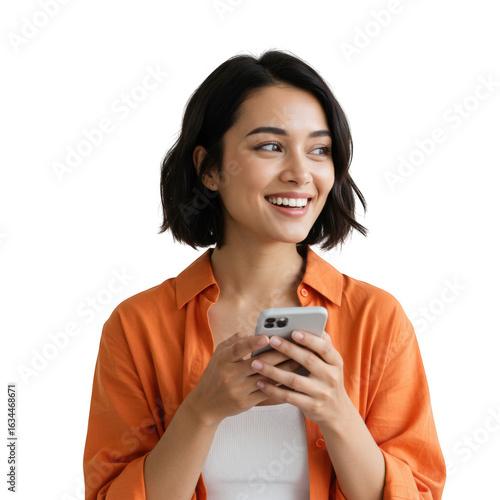 Smiling woman holding smartphone looking away isolated on transparent background