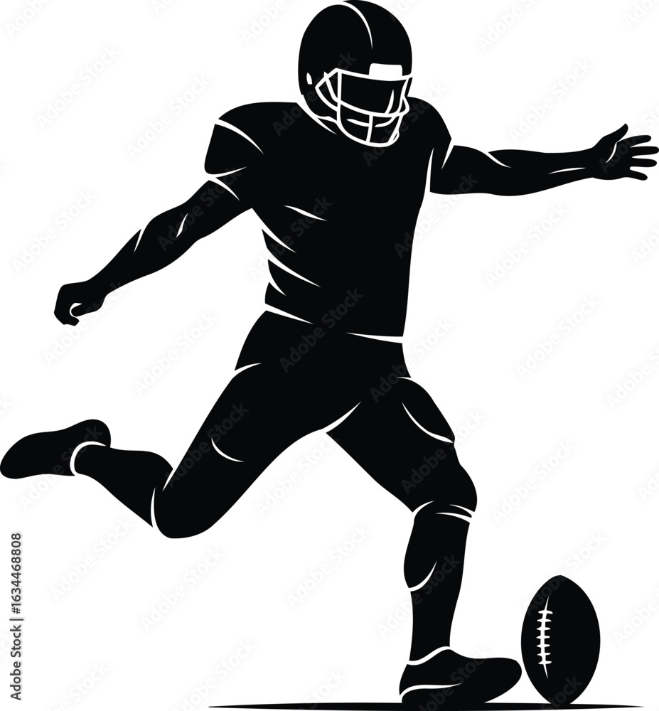 Naklejka premium Silhouette of an american football player kicking the ball during a game with strong determination and focus on the field