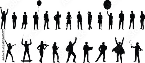 Silhouettes of diverse people standing, celebrating with balloons, playing violin, reading books, playing tennis, dancing, enjoying music, active lifestyle, group of adults and musicians