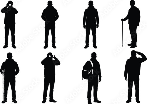 Silhouette set of men in various poses, including with binoculars, a cane, and a backpack, for outdoor and travel themes, isolated on white background.
