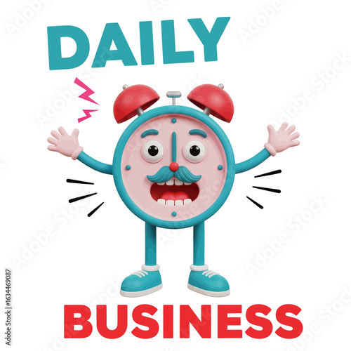 Alarm Clock Character with Daily Business Typography 3D Vector Illustration