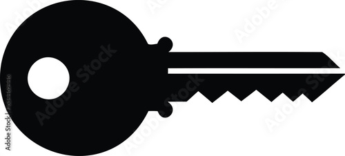 Isolated black and white illustration of a simple key representing security access and the ability to unlock a door