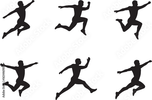 Dynamic male silhouettes in various athletic jumping and leaping poses