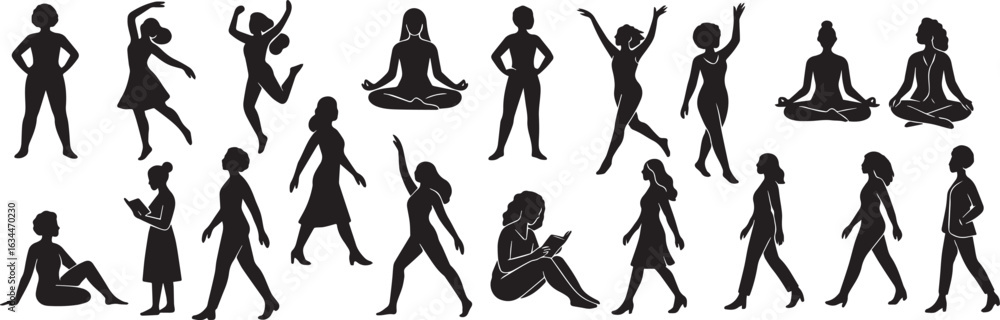 Obraz premium Collection of Diverse Female Silhouettes: Yoga, Walking, Dancing, and Relaxing Poses in Minimalist Black and White Style.