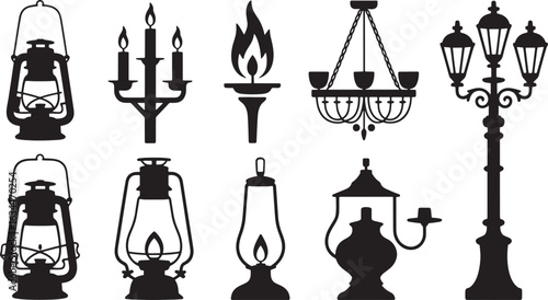 Vintage Lanterns and Candle Holders Silhouette Vector Icons Set Isolated on Transparent